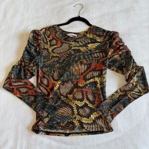 Madrag Juniors M Snake Animal Print Mesh Puff Sleeve Top Boho-Western Edgy Funky